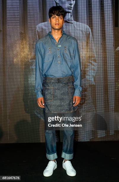 Model on stage wearing design by Danielle Tharton during the Isko i-skool design award show at Copenhagen Fashion Summit's press conference on May...