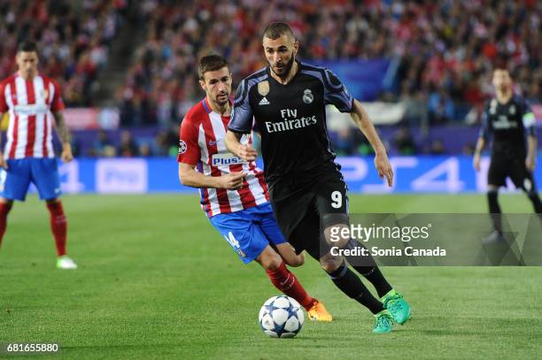 Karim Benzema, #9 of Real Madrid during the UEFA Champions League quarter final first leg match between Club Atletico de Madrid and Real Madrid CF at...