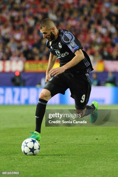 Karim Benzema, #9 of Real Madrid during the UEFA Champions League quarter final first leg match between Club Atletico de Madrid and Real Madrid CF at...