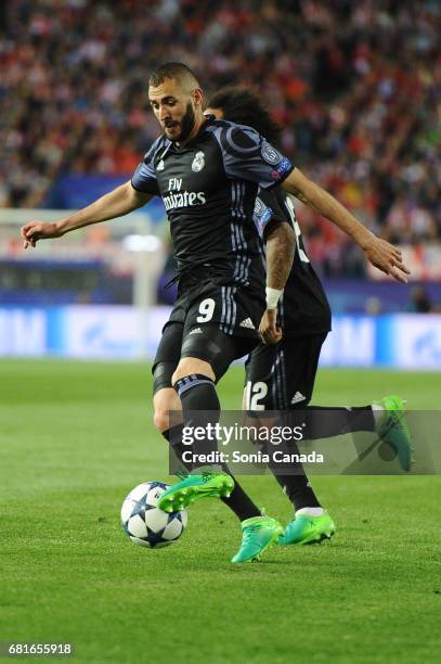 Karim Benzema, #9 of Real Madrid during the UEFA Champions League quarter final first leg match between Club Atletico de Madrid and Real Madrid CF at...