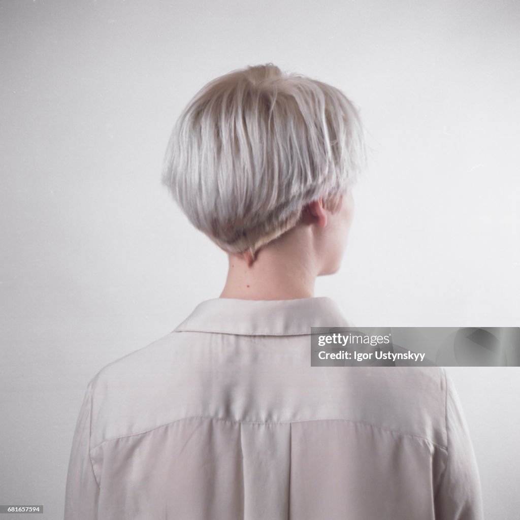 Portrait of blond woman in studio
