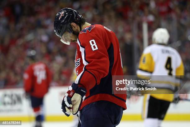 Alex Ovechkin of the Washington Capitals skates on the ice in the first period against the Pittsburgh Penguins in Game Seven of the Eastern...