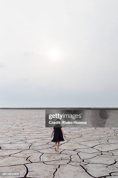 rear view of a girl walking on the dry land - dried ストックフォトと画像