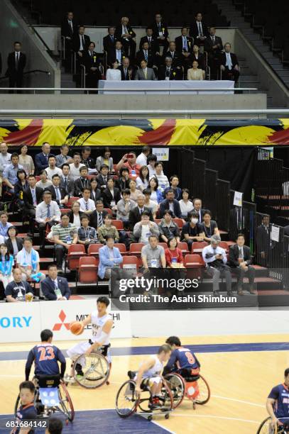 Crown Princess Masako, Princess Aiko and Crown Prince Naruhito visit a wheelchair basketball match at the Tokyo Metropolitan Gymnasium on May 5, 2017...