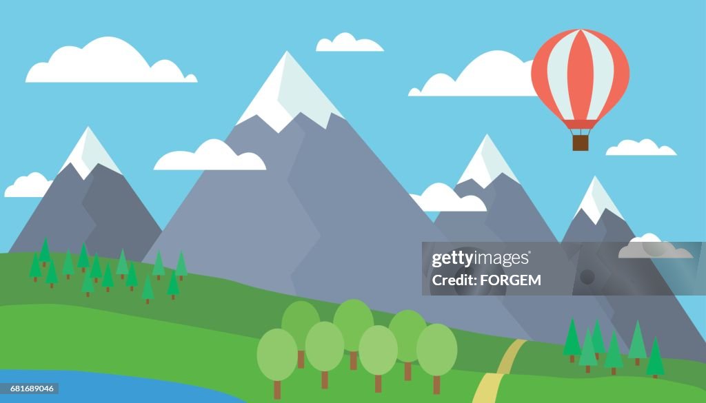 Dibujos Animados Colorida Ilustración Vectorial De Un Paisaje De Montaña Con Una Colina Bosque Y Lago En Un Prado De Hierba Bajo Un Cielo Azul Con Nubes Y Un Globo Rojo De Dibujos Animados Colorida Ilustración Vectorial De Un Paisaje De Montaña Con Una Colina Bosque Y Lago En Un Prado De Hierba Bajo Un Cielo Azul Con Nubes Y Un Globo Rojo De