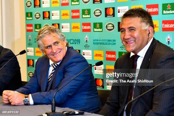 Director of Performance Scott Johnson of Scottland and Jamie Joseph head coach of Japan attend a press conference after the Rugby World Cup 2019 Pool...