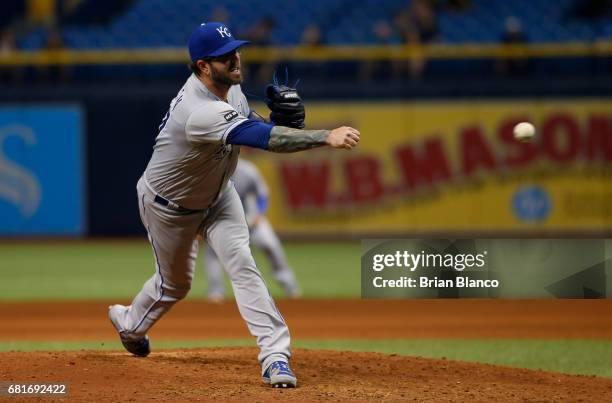 Peter Moylan of the Kansas City Royals pitches during the eighth inning of a game against the Tampa Bay Rays on May 10, 2017 at Tropicana Field in...