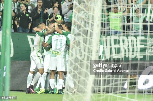 Dayro Moreno of Nacional celebrates with teammates after scoring the first goal of his team during a match between Atletico Nacional and Chapecoense...