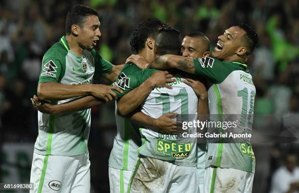 Andres Ibarguen of Atletico Nacional celebrates with teammates after scoring the second goal of his team during a match between Atletico Nacional and...