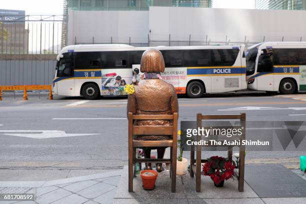 Comfort Woman' statue is seen in front of Japanese Embassy on the day of South Korea's new President Moon Jae-In inauguration on May 10, 2017 in...