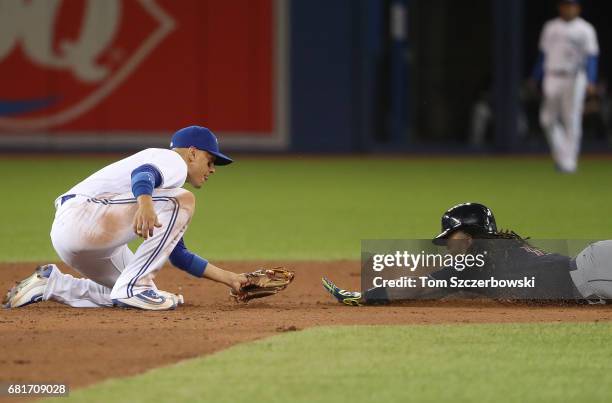 Michael Martinez of the Cleveland Indians is caught stealing second base in the sixth inning during MLB game action as Ryan Goins of the Toronto Blue...