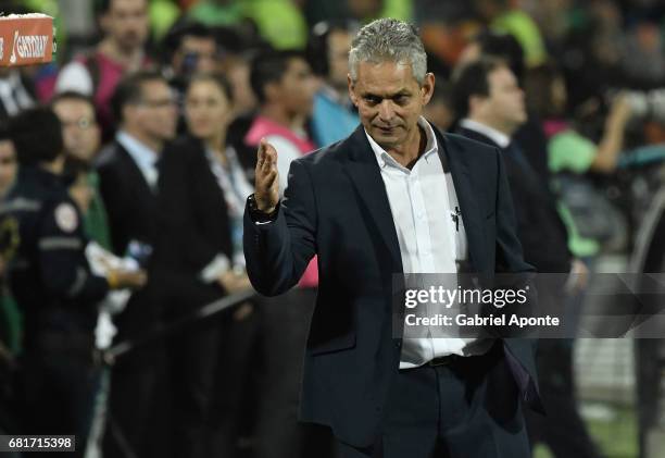 Reinaldo Rueda coach of Nacional gestures during a match between Atletico Nacional and Chapecoense as part of CONMEBOL Recopa Sudamericana 2017 at...