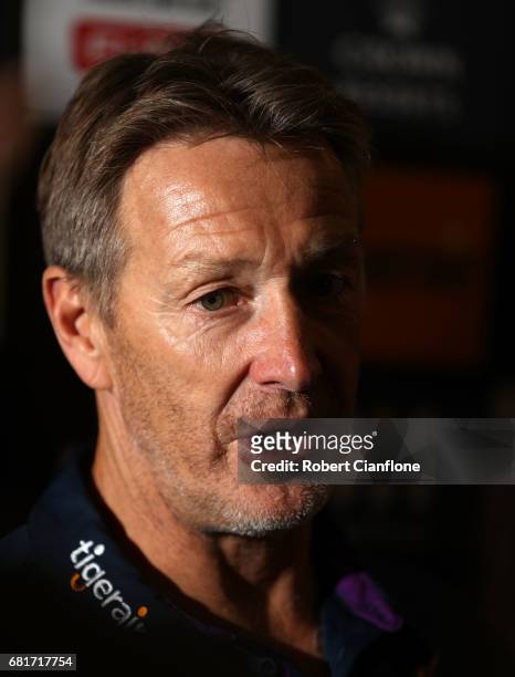 Storm coach Craig Bellamy speaks to the media during a Melbourne Storm NRL media opportunity at AAMI Park on May 11, 2017 in Melbourne, Australia.