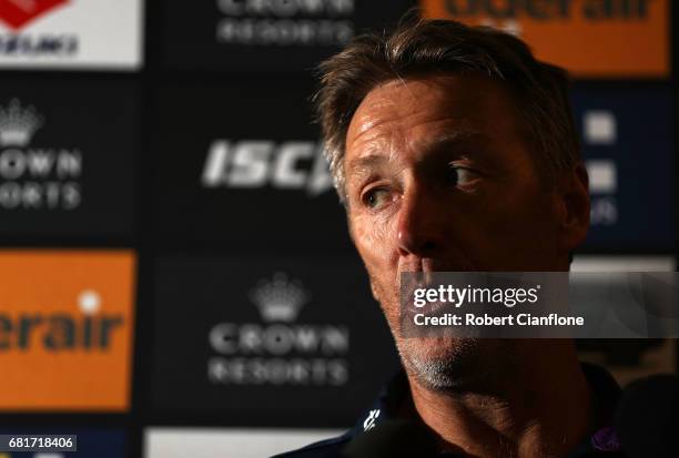 Storm coach Craig Bellamy speaks to the media during a Melbourne Storm NRL media opportunity at AAMI Park on May 11, 2017 in Melbourne, Australia.