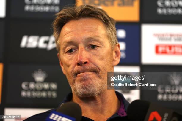 Storm coach Craig Bellamy speaks to the media during a Melbourne Storm NRL media opportunity at AAMI Park on May 11, 2017 in Melbourne, Australia.