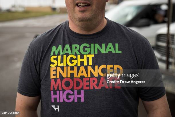 Paul Botten, who is from England and brings weather enthusiasts on storm chasing tours in the United States, wears a t-shirt displaying severe...