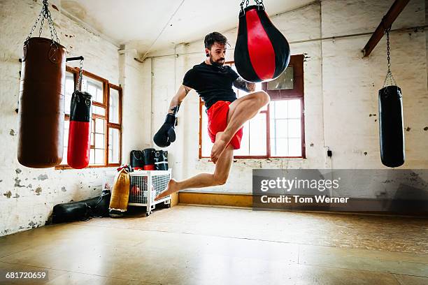 muay thai boxer practicing kicks in gym - muay thai fotografías e imágenes de stock