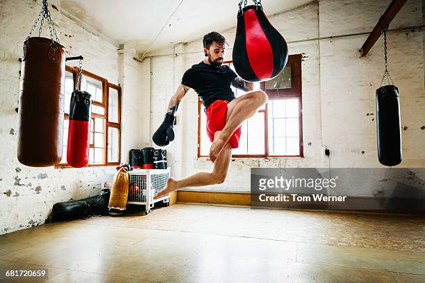 muay thai boxer practicing kicks in gym - kickboxing equipment stock pictures, royalty-free photos & images