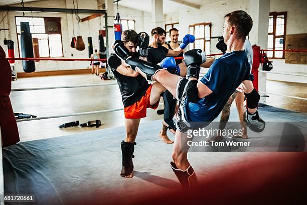 muay thai boxing athletes training in boxing ring - roupa desportiva de protecção imagens e fotografias de stock