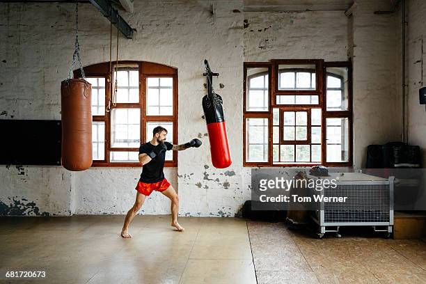 male boxer training on sandbag in a gym - boxing man stock-fotos und bilder