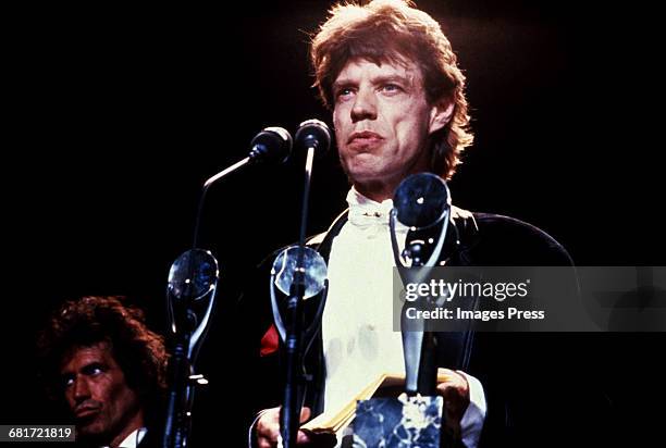 Keith Richards and Mick Jagger attend the 1989 Rock n Roll Hall of Fame Induction Ceremony circa 1989 in New York City.