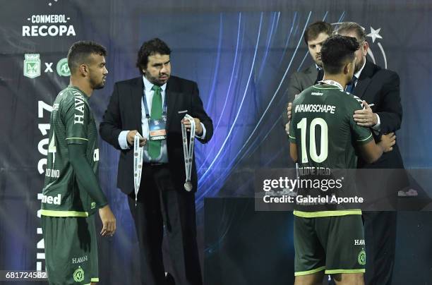 Luiz Antonio of Chapecoense receives his medal after a match between Atletico Nacional and Chapecoense as part of CONMEBOL Recopa Sudamericana 2017...