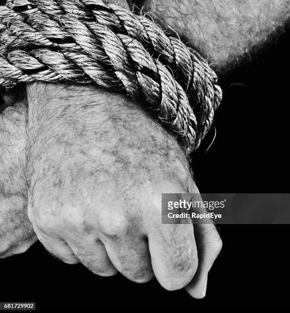 masculine hands tied with heavy rope. black and white. - hands tied up stock pictures, royalty-free photos & images
