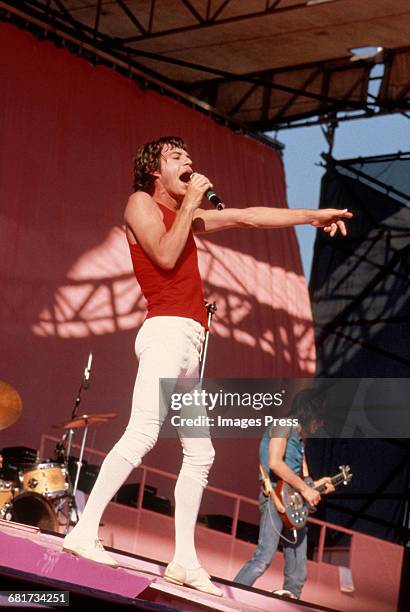 Mick Jagger of the Rolling Stones performing on stage at JFK Stadium circa 1981 in Philadelphia, Pennsylvania.