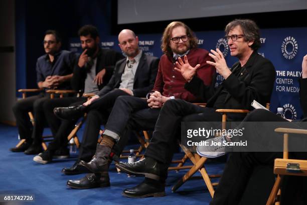 Omid Abtahi, Mousa Kraish, Michael Green, Bryan Fuller and Neil Gaiman speak onstage during the Q&A after the "American Gods" advance screening In...