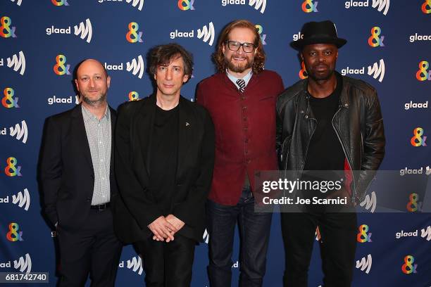 Michael Green, Neil Gaiman, Bryan Fuller and Chris Obi arrive at the "American Gods" advance screening In Partnership With GLAAD at The Paley Center...