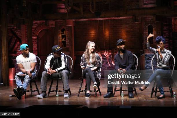 Bryan Terrell Clark, J. Quinton Johnson, Eliza Ohman, Donald Webber and Syndee Winters from the 'Hamilton' cast during a Q & A before The Rockefeller...