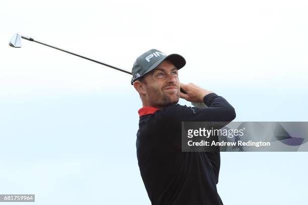Rhys Davies of Wales hits his tee shot on the 11th holw during the first round of the Open de Portugal at the Morgado Golf Resort on May 11, 2017 in...