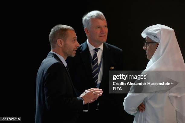 Council Member and UEFA President Aleksander Ceferin talks to FIFA Council Members David Gill and Sheikh Salman Bin Ebrahim Al Khalifa during the...