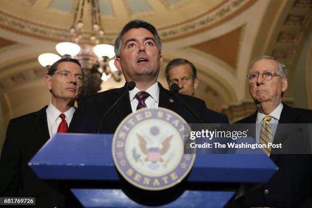 Sen. Cory Gardner, R-Colo., speaks to reporters on Capitol Hill in Washington, Tuesday, May 2 following a policy luncheon.