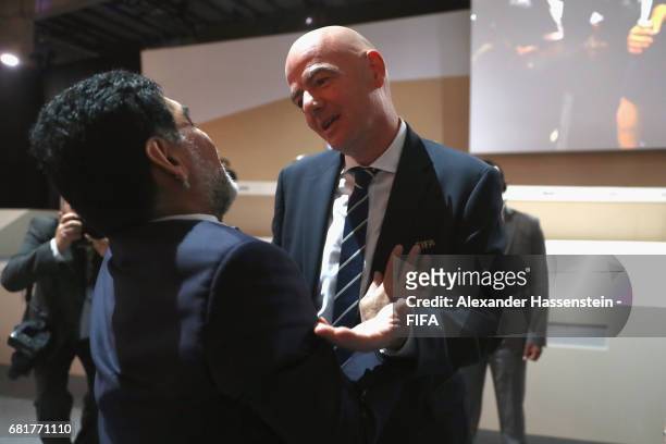 President Gianni Infantino welcomes FIFA Legend Diego Maradona for the 67th FIFA Congress at the Bahrain International Congress & Convention Center...