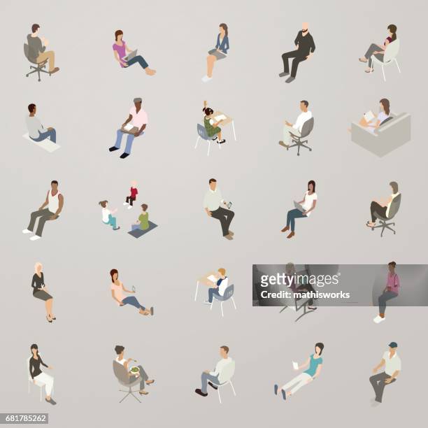 illustrazioni stock, clip art, cartoni animati e icone di tendenza di persone isometriche sedute - stare seduto