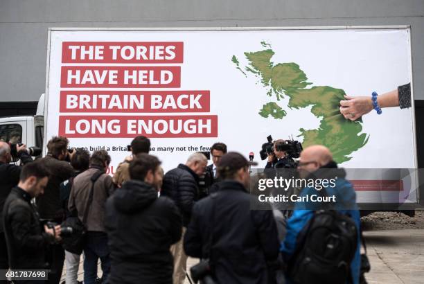 Members of the media gather ahead of the launch of Labour's first election campaign poster on May 11, 2017 in London, England. Jeremy Corbyn was...