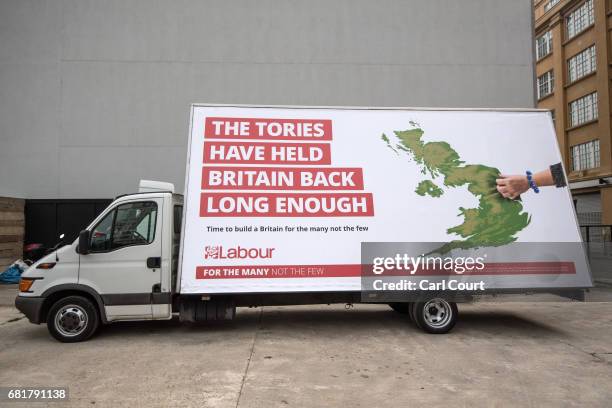 Labour's first election campaign poster is pictured during of its formal unveiling on May 11, 2017 in London, England. Jeremy Corbyn was absent from...