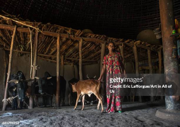 Ethiopian woman inside her traditional painted and decorated house with cows, Kembata, Alaba Kuito, Ethiopia on March 11, 2016 in Alaba Kuito,...