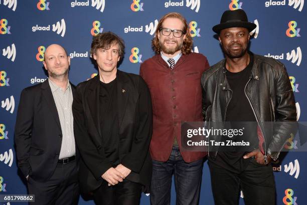 Michael Green, Neil Gaiman, Bryan Fuller and Chris Obi arrive at the 'American Gods' advance screening In Partnership With GLAAD at The Paley Center...