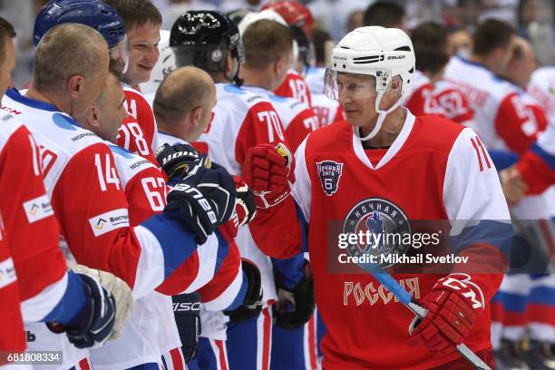 Russian President Vladimir Putin attends a gala match of the Night Hockey League teams at the Bolshoy ice arena on May 10, 2017 in Sochi, Russia....