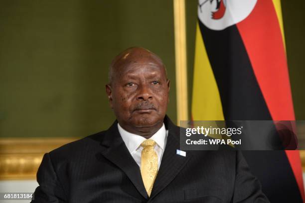 President Yoweri Museveni of Uganda meets Prime Minister Theresa May during the London Conference on Somalia at Lancaster House on May 11, 2017 in...