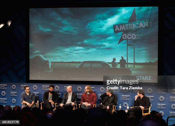 Omid Abtahi, Mousa Kraish, Michael Green, Bryan Fuller and Neil Gaiman speak onstage during the Q&A after the 'American Gods' advance screening In...