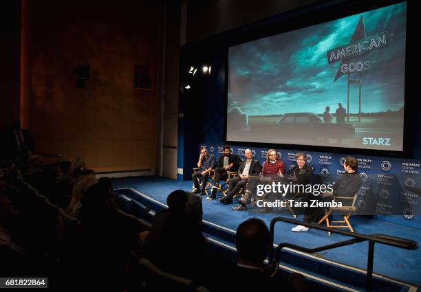 Omid Abtahi, Mousa Kraish, Michael Green, Bryan Fuller and Neil Gaiman speak onstage during the Q&A after the 'American Gods' advance screening In...