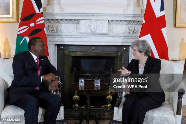 Prime Minister Theresa May meets with President of Kenya Uhuru Kenyatta ahead of the Somalia Conference at No 10 Downing Street on May 11, 2017 in...
