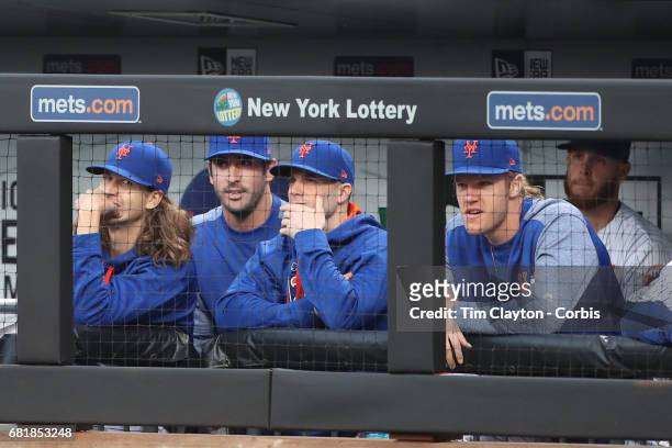 May 9: Matt Harvey of the New York Mets in the dugout with teammates Jacob deGrom, David Wright, Noah Syndergaard with Zack Wheeler waiting to pitch...