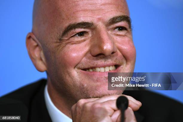 President Gianni Infantino faces the media during a press conference following the 67th FIFA Congress at the Bahrain International Exhibition &...