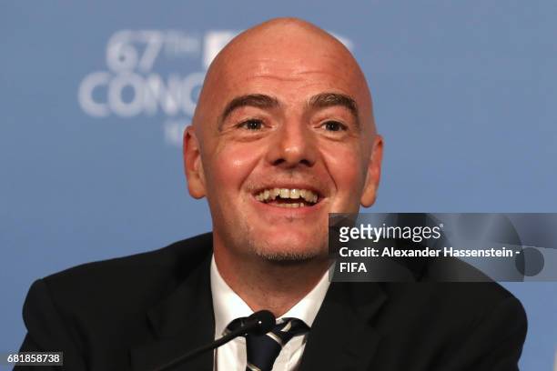 President Gianni Infantino smiles during a press conference after the 67th FIFA Congress at the Bahrain International Congress & Convention Center on...