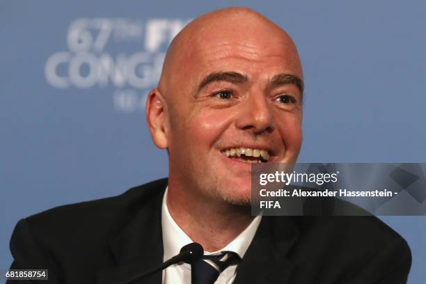 President Gianni Infantino smiles during a press conference after the 67th FIFA Congress at the Bahrain International Congress & Convention Center on...