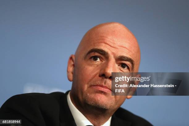 President Gianni Infantino looks on during a press conference after the 67th FIFA Congress at the Bahrain International Congress & Convention Center...